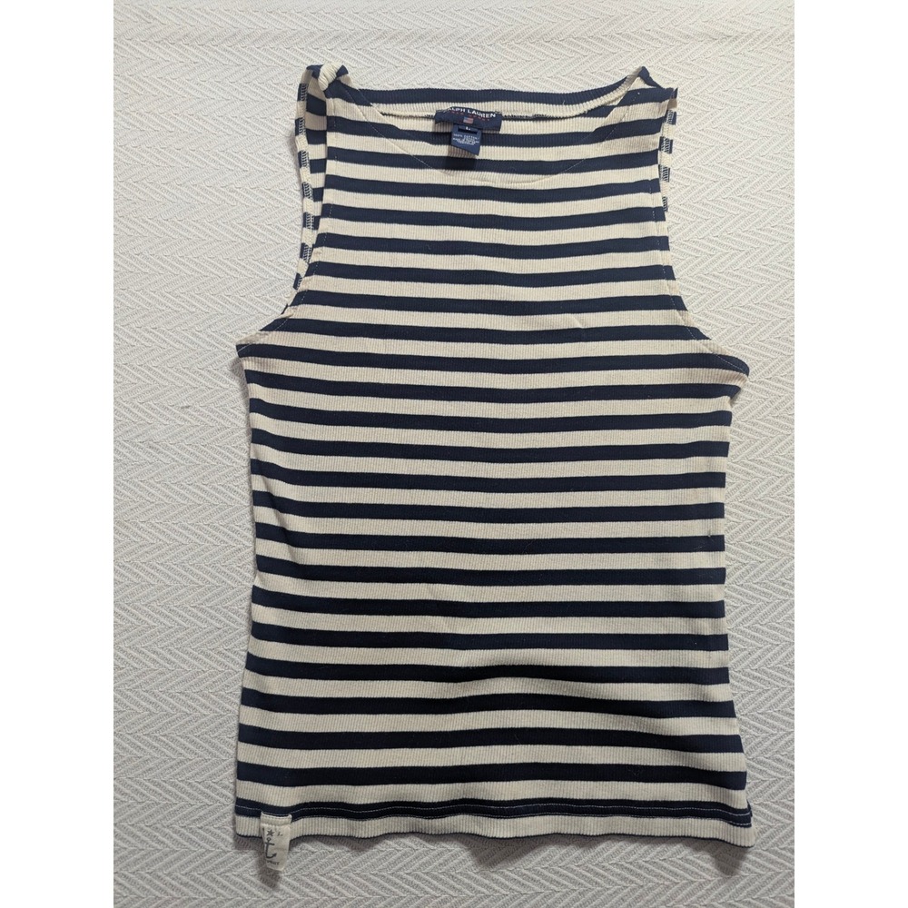 Ralph Lauren Polo Sport Womens L Navy Ivory Striped Rib Knit Sleeveless Tank Top - Picture 1 of 10